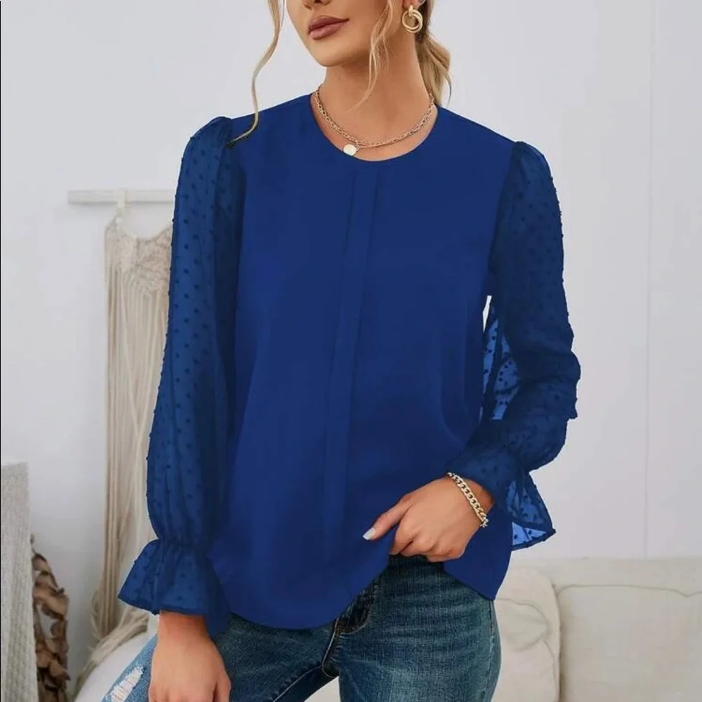 Blue Swiss dot flounce sleeve blouse - Picture 8 of 16